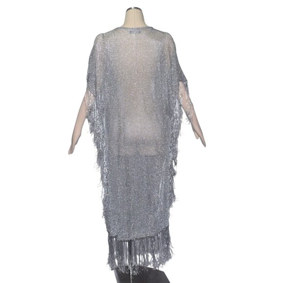 Zara Silver Metallic Knit Crochet Caftan Dress Fringe M - Picture 3 of 8